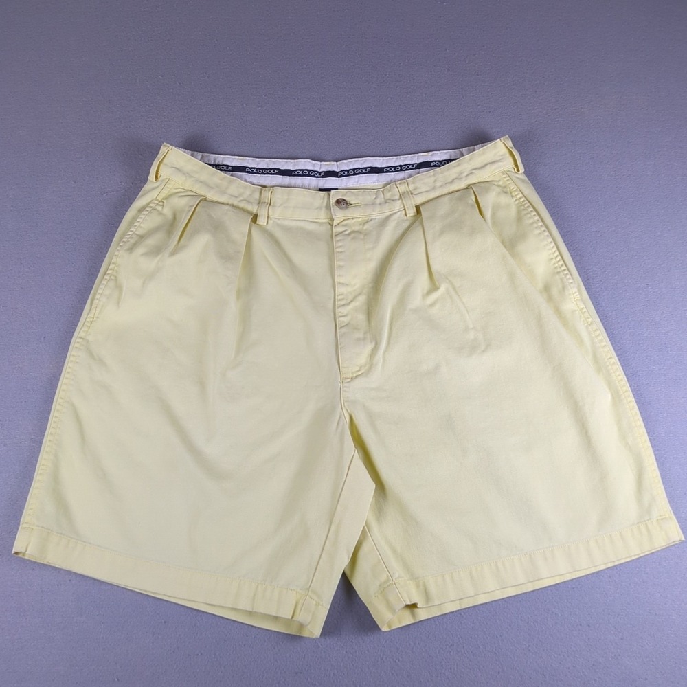 Vintage Polo Golf Shorts Mens 38 Yellow 8" Pleated Chino Crest Logo Preppy 90s